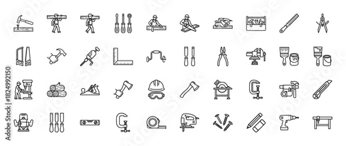 Carpentry and construction line icon set. Vector pictograms of hammer, saw, vise, drill, axe, level, router, and plane, thin linear illustration.