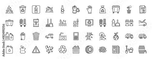 Ecology and recycling line icon set. Vector pictograms of trash cans, waste barrels, garbage trucks, and pollution warnings, thin linear illustration.