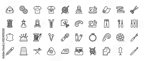 Sewing and tailoring icon set. vector pictograms of needle, thread, fabric, machine, dress, and shears, thin linear illustration.