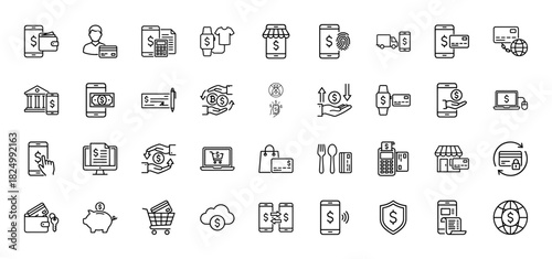 Finance and digital payment line icon set. Vector pictograms of smartphone, wallet, credit card, and banking transactions, thin linear illustration.