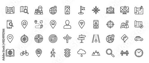 Map and navigation line icon set. Vector pictograms of location pin, gps route, globe, compass, smartphone, car, train, bridge and signs. Thin linear illustration.