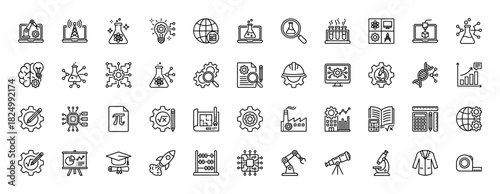 Science, technology, engineering, and math line icon set. Vector pictograms of research, innovation, robotics, and development, thin linear illustration.