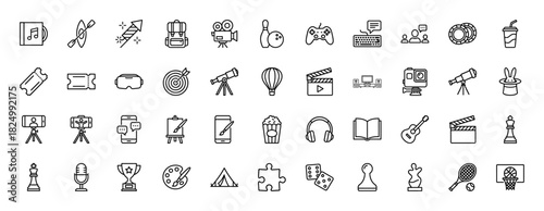 Entertainment and leisure activity line icon set. Vector pictograms of gaming, music, sports, and media, thin linear illustration.