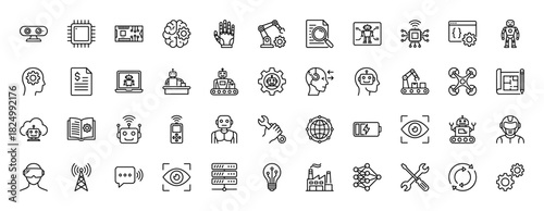 Artificial intelligence and robotics line icon set. Vector pictograms of brain, hand, microchip, drone, and factory, thin linear illustration.
