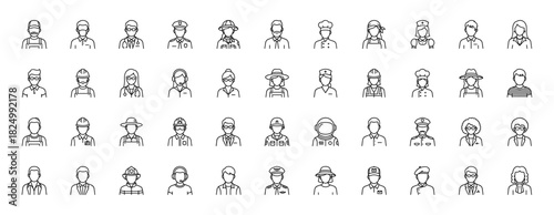 People and occupations line icon mega set. Vector pictograms of police officer, doctor, chef, construction worker, astronaut, and pilot, thin linear illustration.