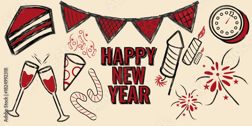Happy new year doodles design elements vector illustration