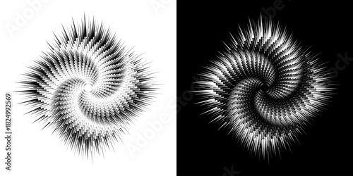 Dynamic abstract spiral sound wave rhythm lines. Circular spiral sound wave rhythm of lines. Circular futuristic abstract lines, black and white background.	