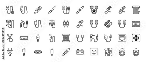 Technology and connectivity line icon set. Vector pictograms of usb, hdmi, rca, vga, and audio cables and ports, thin linear illustration.