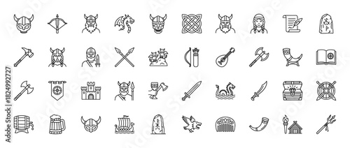Norse mythology and viking line icon set. Vector pictograms of warriors, ships, axes, swords, and mythological creatures, thin linear illustration.