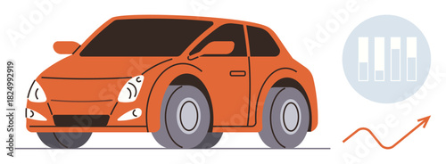 Orange car alongside bar chart and growth arrow suggesting development, innovation, and business. Ideal for transportation, mobility trends, eco-technology, business growth, car sales