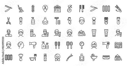 Beauty and barbershop line icon set. Vector pictograms of hair dryer, razor, comb, and styling products, thin linear illustration.