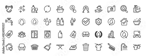 House cleaning and laundry line icon set. Vector pictograms of washing machine, iron, vacuum, broom, and detergents, thin linear illustration.