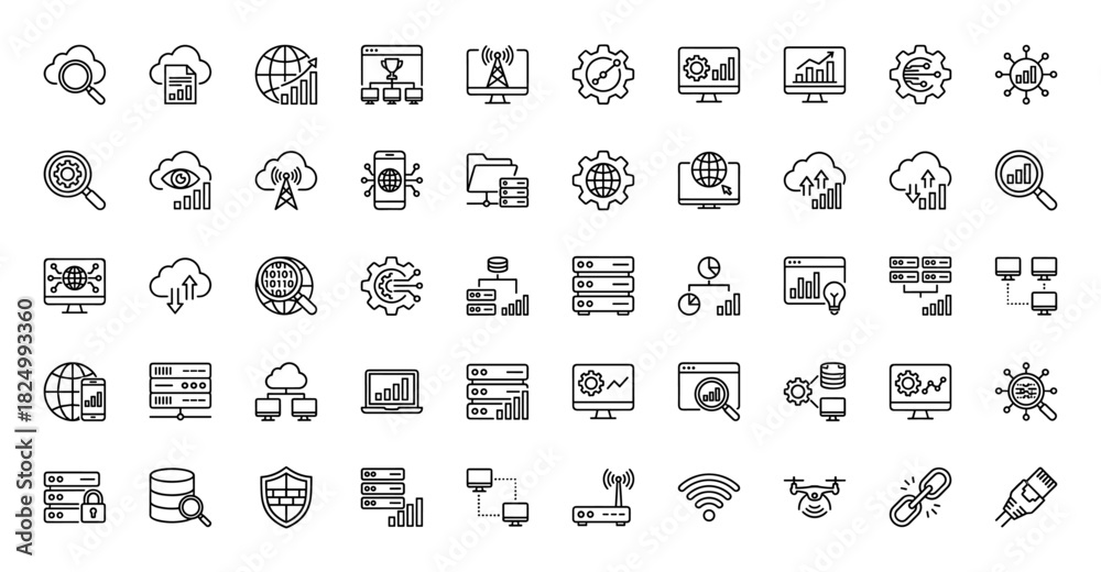 Fototapeta premium Big data and cloud computing line icon set. Vector pictograms of server, analysis, network, database, statistics, chart, connection, internet, thin linear illustration.