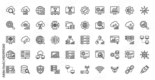 Big data and cloud computing line icon set. Vector pictograms of server, analysis, network, database, statistics, chart, connection, internet, thin linear illustration.