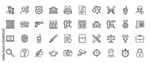 Police and law line icon set. Vector pictograms of handcuffs, fingerprint, security camera, and police car, thin linear illustration.