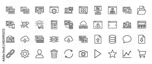 Web development and computing line icon set. Vector pictograms of browser windows, settings, cloud storage, and coding files, thin linear illustration.