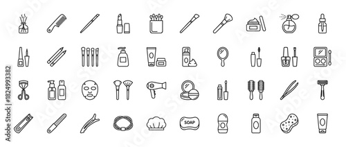 Beauty and cosmetic icon set. Vector pictograms of brushes, lipstick, razor, and comb, thin outline illustration.