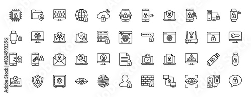 Cyber security line icon set. Vector pictograms of network, lock, data protection, server, and privacy, thin linear illustration.