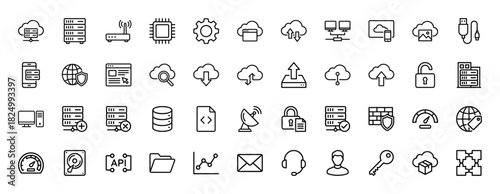 Cloud computing and network technology line icon set. Vector pictograms of server, database, firewall, security, and hosting, thin linear illustration.