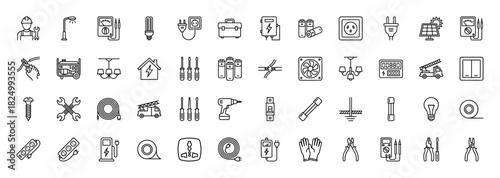 Electrical repair line icon set. Vector pictograms of tools, wiring, measuring devices, and power infrastructure, thin linear illustration.