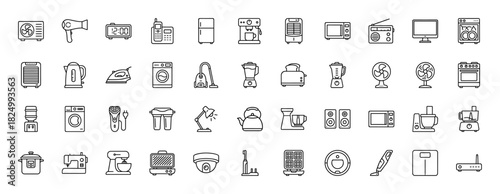 Home appliances and technology outline icon set. Vector pictograms of microwave, refrigerator, washing machine, vacuum cleaner, and fan, thin linear illustration.