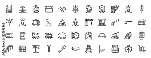 Transportation and railway line icon set. Vector pictograms of train, track, engineer, station, and crossing, thin linear illustration.