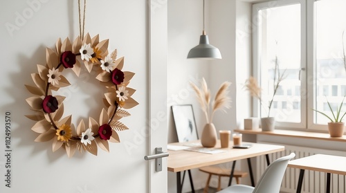 Minimalist office door adorned with a handmade eco-friendly Christmas wreath made of paper and dried flowers, natural light streaming in, home decor concept of interior design business.