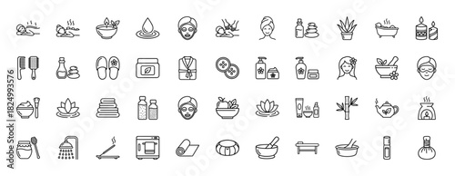 Spa and beauty line icon set. Vector pictograms of massage, towel, bath, lotion, and aromatherapy, thin linear illustration.