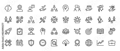 Business line icon set. Vector pictograms of team, management, success, strategy, finance, and career, thin linear illustration.