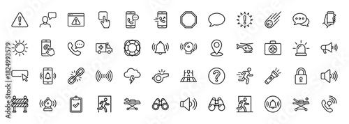 Emergency, warning, and alert line icon set. Vector pictograms of calls, signals, safety signs, and response vehicles, thin linear illustration.
