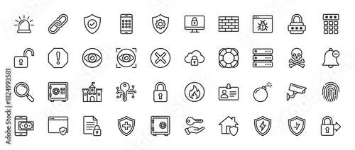 Cybersecurity line icon set. Vector pictograms of shield, padlock, key, firewall, and virus, thin linear illustration.