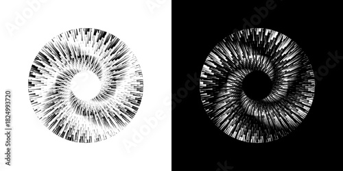 Dynamic abstract spiral sound wave rhythm lines. Circular spiral sound wave rhythm of lines. Circular futuristic abstract lines, black and white background.	