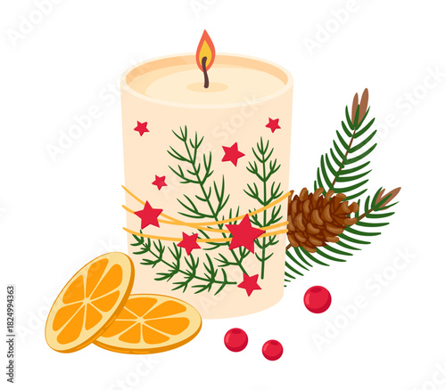 Cartoon Christmas candle. Xmas wax candle decor, winter holidays cozy aroma decorated candle flat vector illustration. Xmas candle isolated on white background