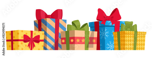 Cartoon Birthday or xmas gift boxes. Wrapped Christmas gifts, holidays surprises in boxes with silk bows flat vector illustration. Winter holiday gift boxes on white background