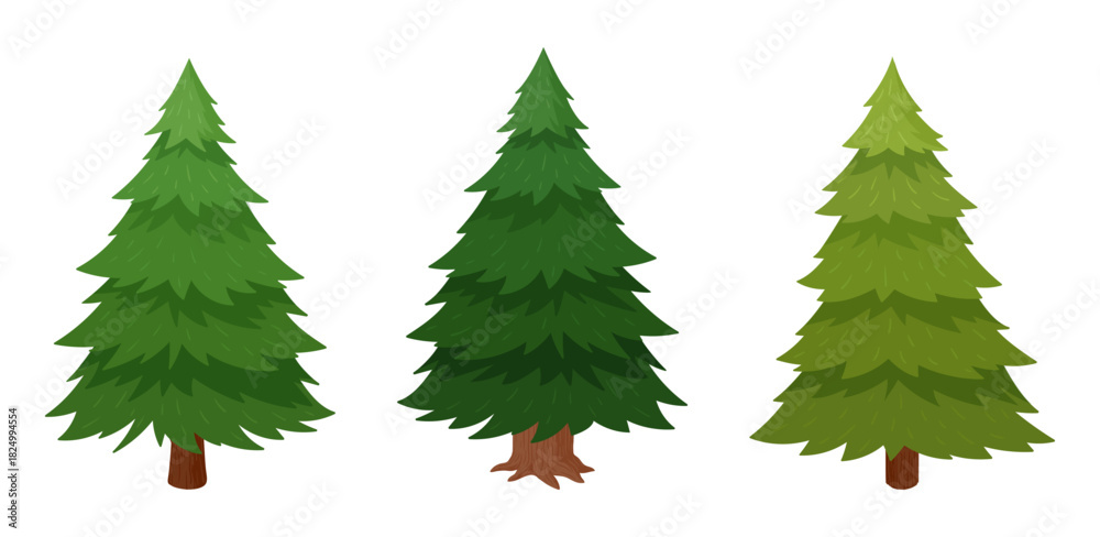 Naklejka premium Cartoon Christmas spruce. Traditional xmas fir trees, evergreen forest plants flat vector illustration set. Winter Holiday fir trees on white background