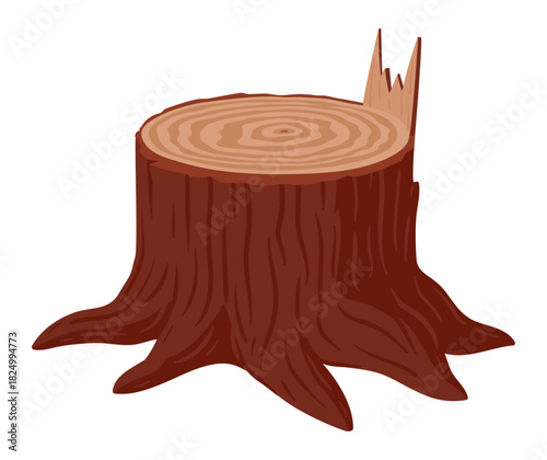 Cartoon tree trunk. Cut tree stump, wooden material, firewood or lumberjack workplace flat vector illustration. Dry tree stub on white background