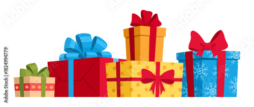 Cartoon holidays surprises. Winter holiday gift boxes with silk bows flat vector illustration. Wrapped Christmas gifts on white background