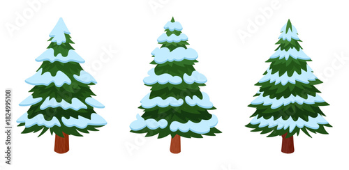 Fir trees covered with snow. Cartoon Christmas spruce, traditional xmas evergreen forest plants flat vector illustration set. Winter Holiday fir trees on white background
