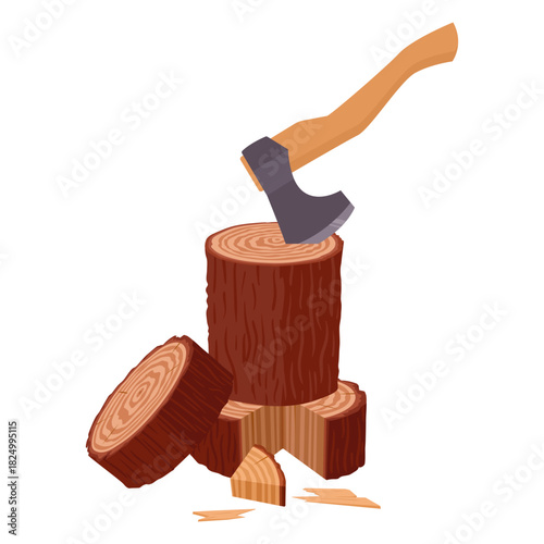 Lumberjack workplace. Cartoon wooden logs with ax, wood chopping, firewood wooden logs flat vector background illustration. Stacked woodwork on white background