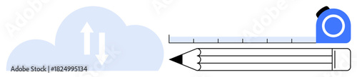 Cloud with arrows, pencil, and tape measure highlight data transfer, creativity, and precision. Ideal for technology, design, innovation, cloud storage measurement productivity modern tools