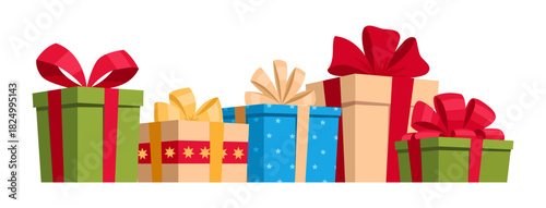 Winter holiday gift boxes. Wrapped Christmas gifts, holidays surprises in boxes with silk bows flat vector illustration. Cartoon Birthday or xmas gift boxes on white background