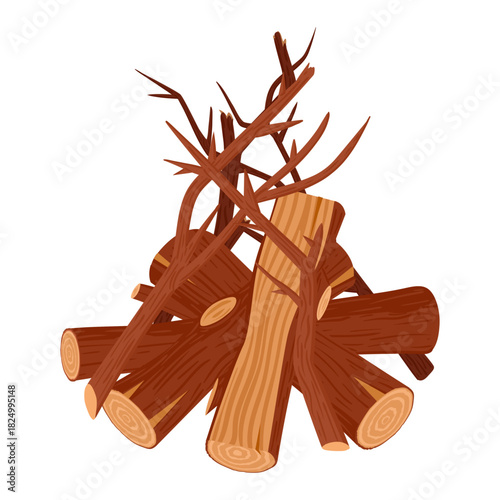 Wood for campfire. Cartoon wooden logs for camping bonfire, fire wood, wood industry materials, stacked brushwood and firewood vector illustration. Wooden fireplace on white