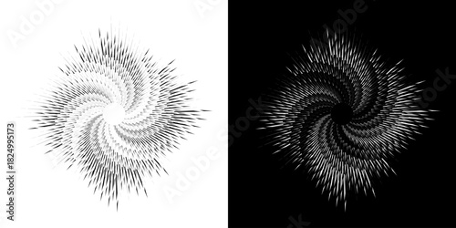 Dynamic abstract spiral sound wave rhythm lines. Circular spiral sound wave rhythm of lines. Circular futuristic abstract lines, black and white background.	