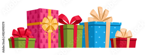 Wrapped xmas gifts. Christmas gift boxes with silk bows, winter holidays surprises in boxes flat vector illustration. Cartoon Birthday or xmas gift boxes on white background