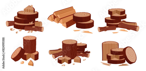 Wooden logs. Cartoon firewood piles and stacked bonfire firewoods, wood industry materials, stacked brushwood and firewood flat vector illustration set. Wooden fireplace collection on white