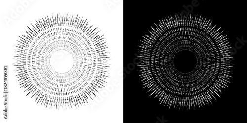 Dynamic abstract spiral sound wave rhythm lines. Circular spiral sound wave rhythm of lines. Circular futuristic abstract lines, black and white background.	