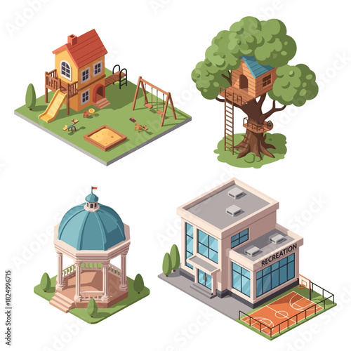 Four isometric icons illustrating various leisure and recreation spots on white background.