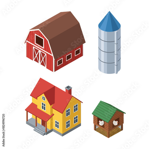 Isometric illustration set of traditional farming architecture including a barn, silo, house, and chicken coop.