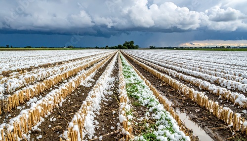 Hailstorm damaged agricultural field with storm clouds on horizon, concept of climate change, extreme weather, crop loss and farm risk.