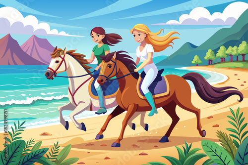 Two pretty girls riding horses along a sandy coastline, enjoying sunny beach scenery, dynamic equestrian activity, and a Pacific Ocean background depicting a youthful outdoor lifestyle.